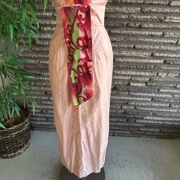 Vintage 60s Hawaiian Togs Peach Floral Tiki Hostess Maxi Empire Waist Dress - Picture 4 of 10